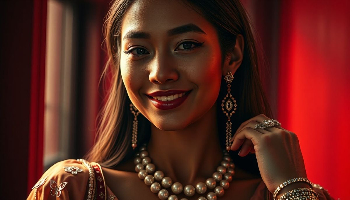 Woman smiling while wearing pearl jewelry, including a necklace and earrings, with a warm background.