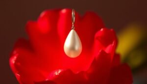 Teardrop-shaped Baroque pearl earring hanging from a hook against a red flower background.