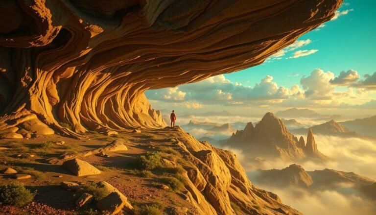 Individual standing beneath a large, textured rock formation with a mountainous landscape in the background.