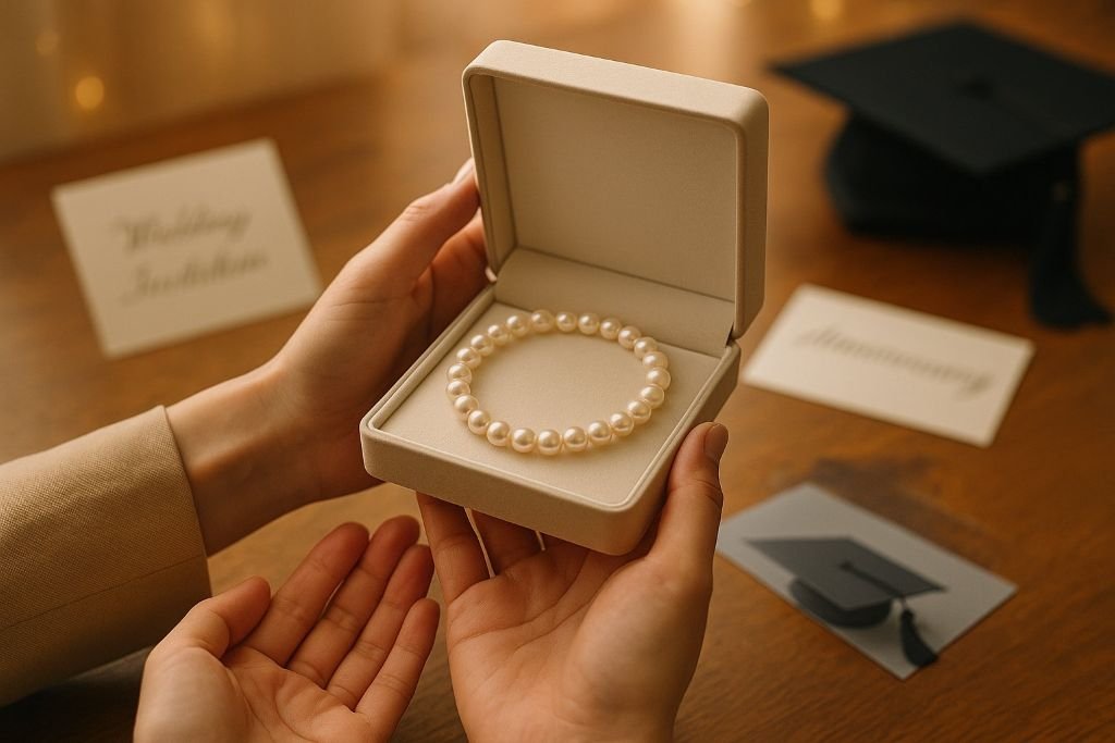 A freshwater pearl bracelet displayed in an open gift box held by two hands.