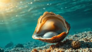 An open oyster displaying a pearl inside, captured underwater with sunlight filtering through the water.