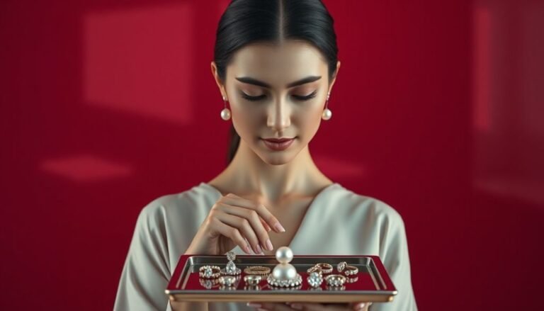 Woman with long dark hair holding a tray containing various pearl jewelry pieces.