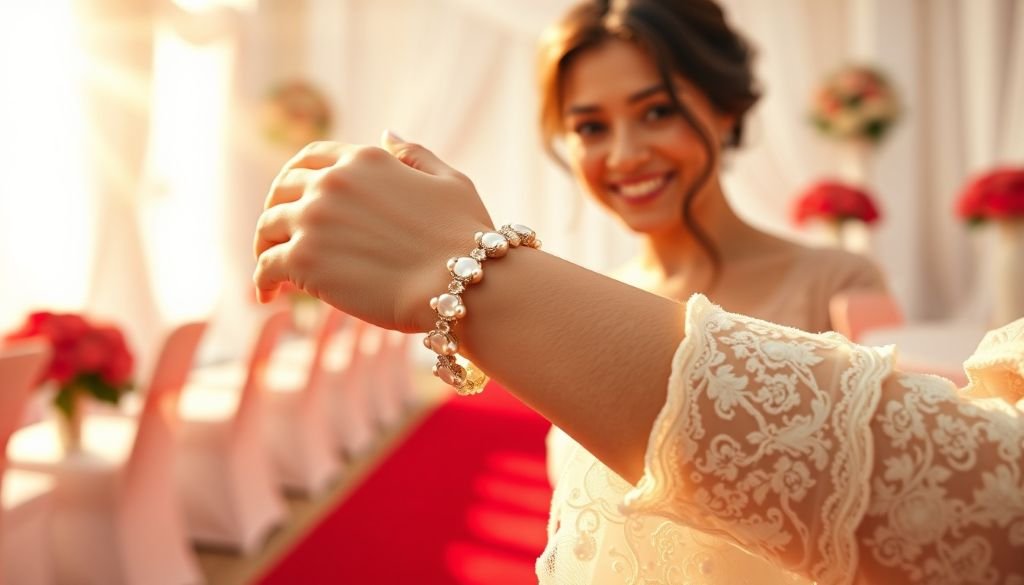 A woman wearing a pearl bracelet on her wrist, smiling at the camera in a decorated indoor setting.
