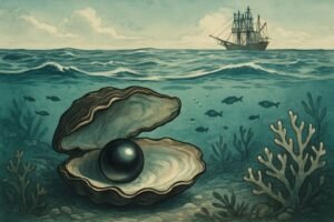 An open oyster containing a black pearl underwater with a ship in the background.