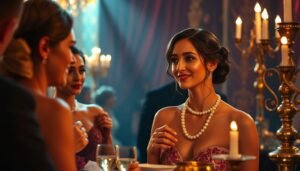 Group of elegantly dressed guests socializing at a formal evening event in a grand setting.