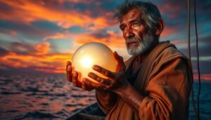 An elderly fisherman with a beard holding a large pearl while looking at the horizon during sunset.