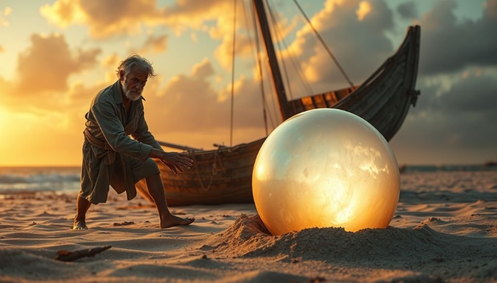 An elderly fisherman interacting with a large, luminous pearl on a sandy beach near a boat.