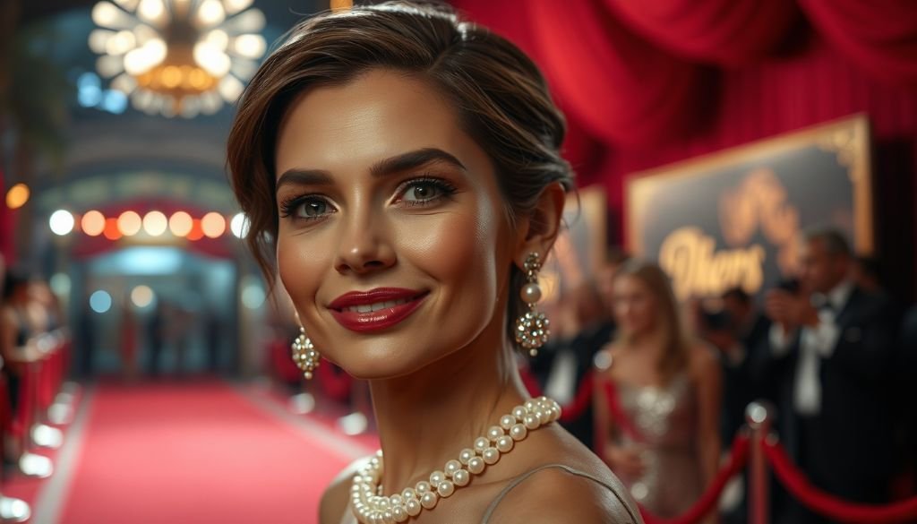 Woman wearing pearl earrings and a necklace, smiling on a red carpet at a formal event.