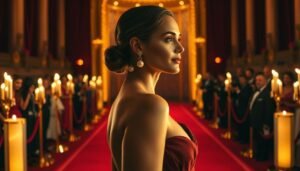 Profile view of a woman wearing an elegant evening gown and earrings at a formal event.