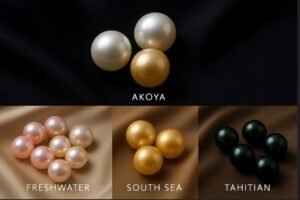 Various types of pearls including Akoya, Freshwater, South Sea, and Tahitian displayed on fabric.
