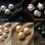 Various types of pearls including Akoya, Baroque, Freshwater, South Sea, and Tahitian displayed on fabric.