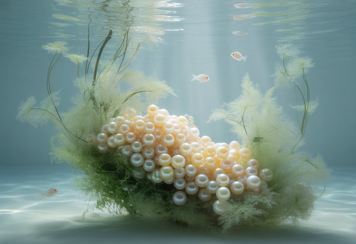 Underwater scene with glowing freshwater pearls among delicate plants and small fish in clear water illuminated by soft sunlight.
