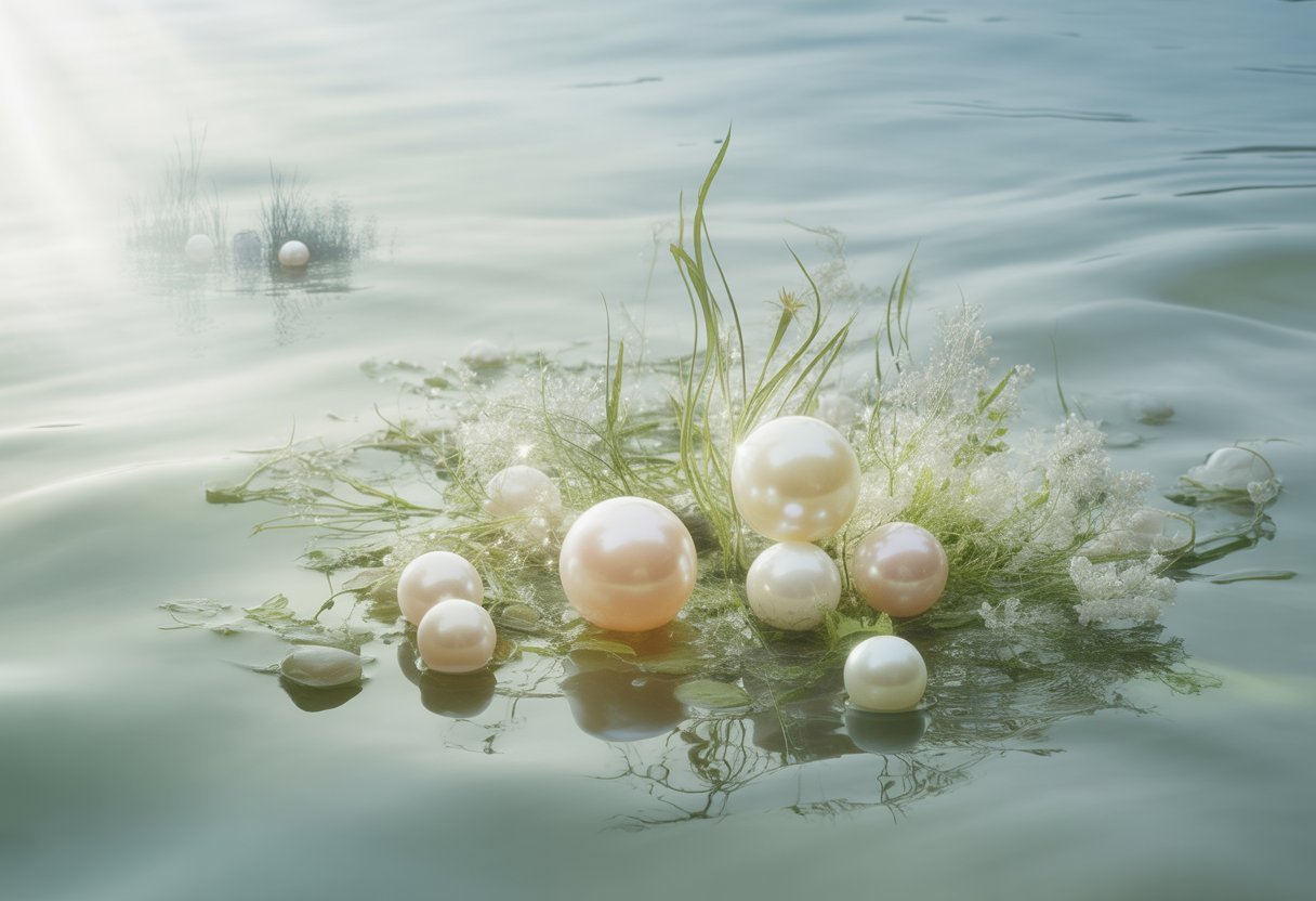 An underwater scene with glowing freshwater pearls floating among aquatic plants and soft light filtering through clear water.