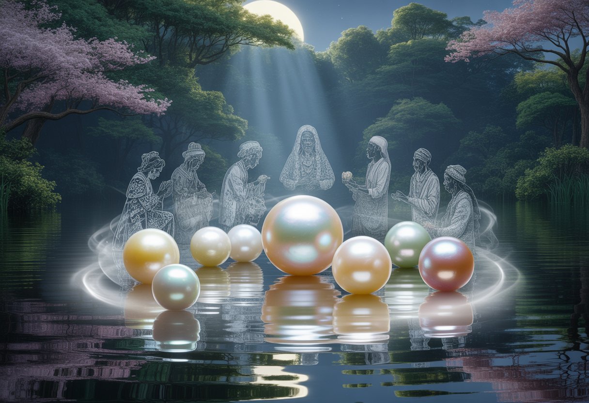 A moonlit lake with glowing freshwater pearls floating above the water, surrounded by ancient trees and mist, with faint silhouettes of historical figures in the background.