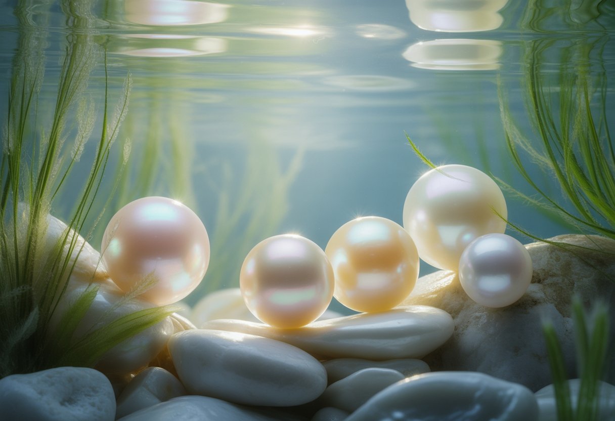 A calm underwater scene with glowing freshwater pearls resting on river stones among aquatic plants and gentle ripples.