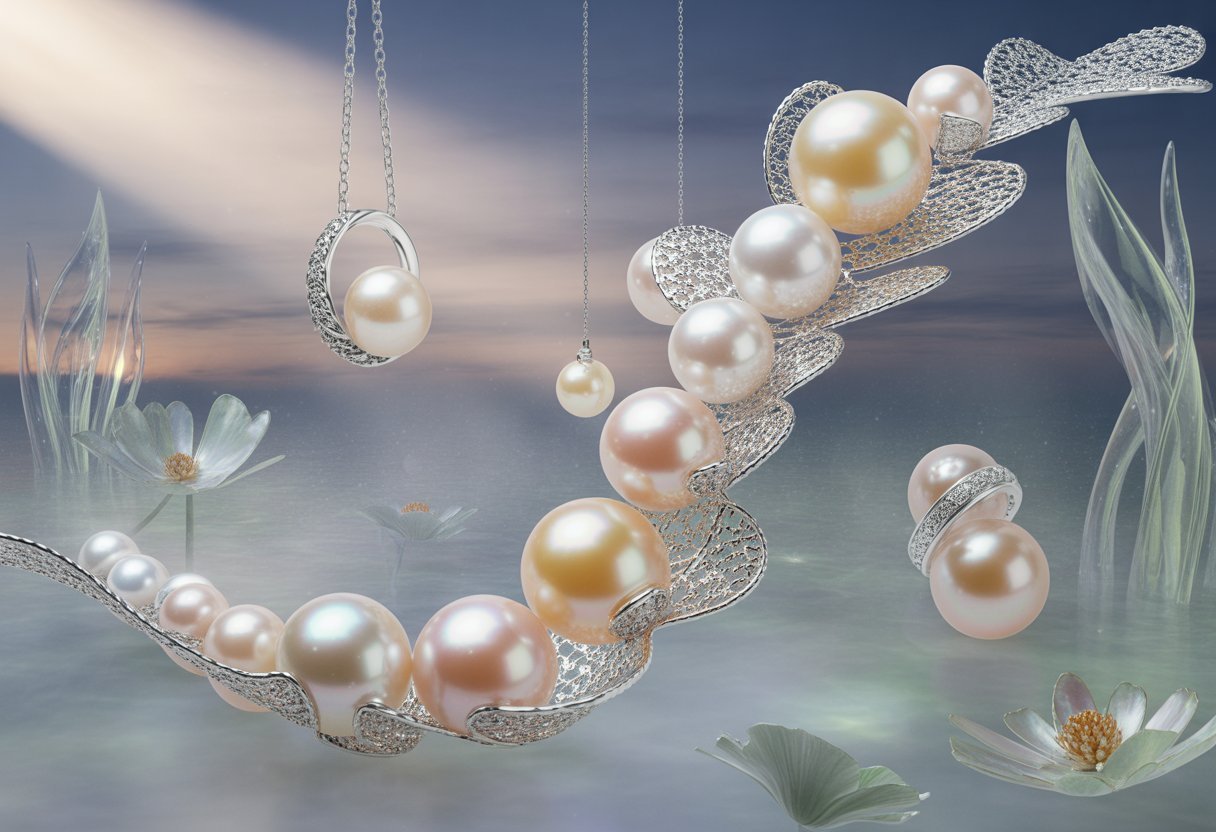 Glowing freshwater pearls set in delicate jewelry surrounded by mist, water lilies, and flowing seaweed under soft moonlight.
