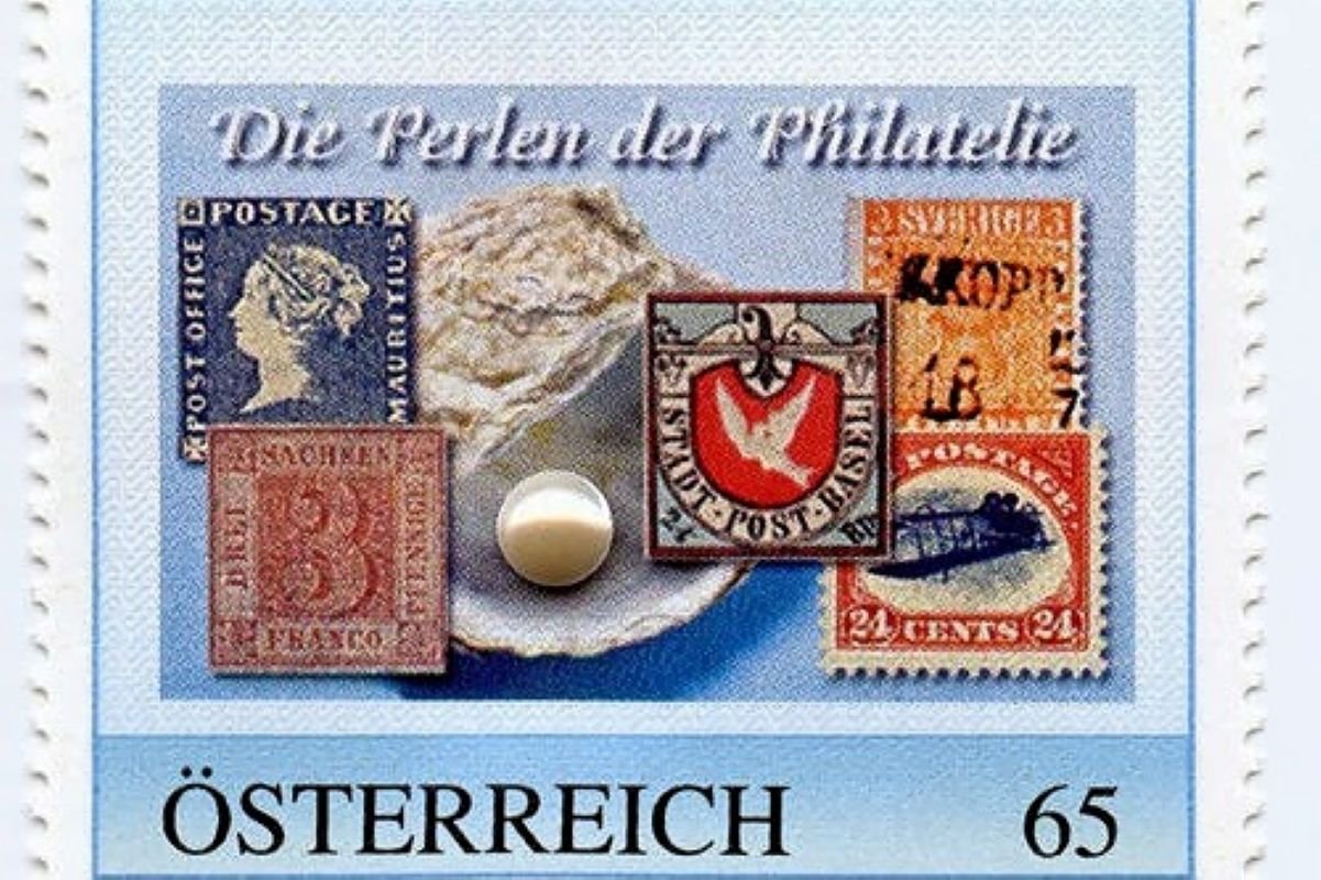 Stamp from Austria featuring various historical postage stamps and a pearl, with the text 'Die Perlen der Philatelie' and the denomination of 65 cents.