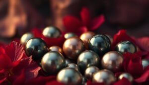 Various Tahitian pearls in different colors arranged among red flower petals.