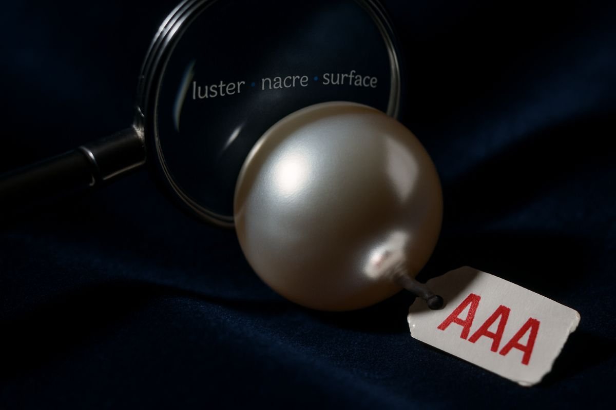 Close-up of a pearl with an AAA grading tag next to a magnifying glass on a dark surface.