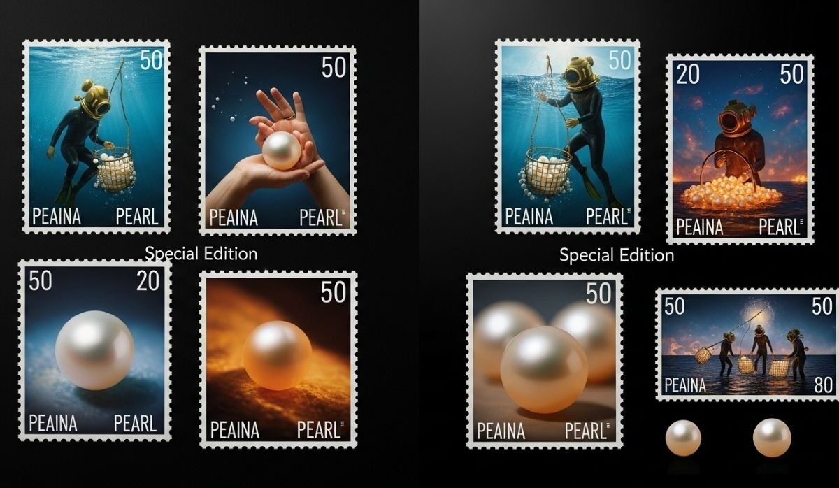 Collection of special edition stamps featuring pearls and divers in various scenes.