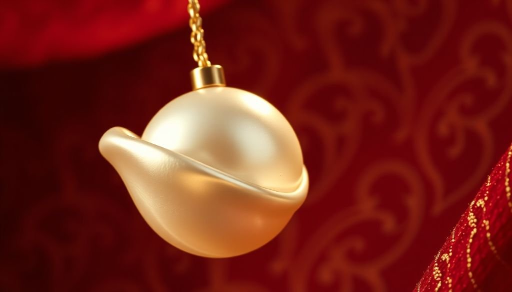 Close-up of a smooth, round pearl pendant hanging from a gold chain against a textured background.