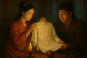 A woman in a red robe and a man in dark clothing examining a white garment with pearl details by candlelight.