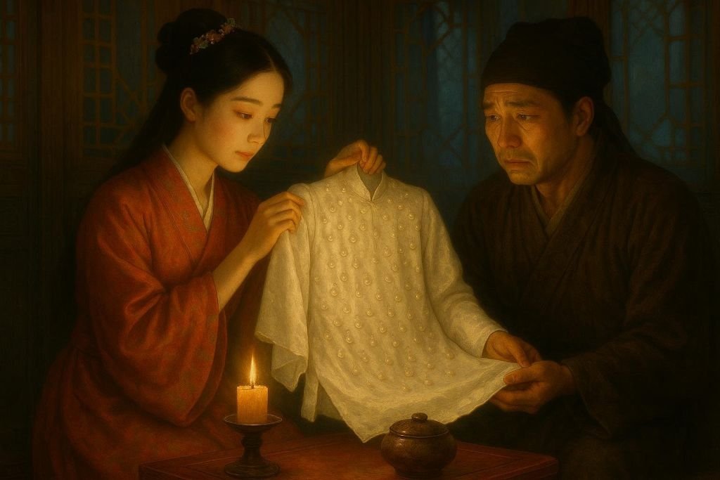 A woman in a red robe and a man in dark clothing examining a white garment with pearl details by candlelight.