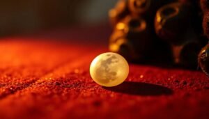 A lustrous pearl resting on a textured surface with soft lighting and shadows.