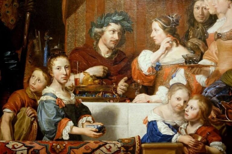 Painting depicting a scene with Antony and Cleopatra surrounded by figures in historical attire.