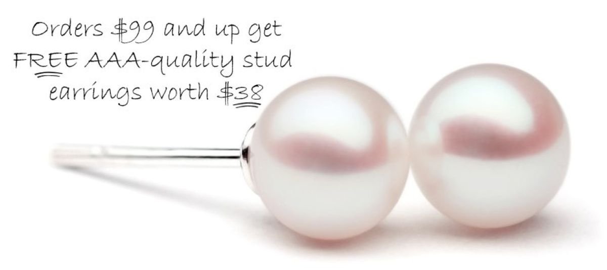 Close-up of two AAA-quality stud pearl earrings on a white background.