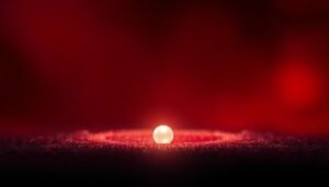 A single pearl positioned on a textured red surface with a soft glow around it.