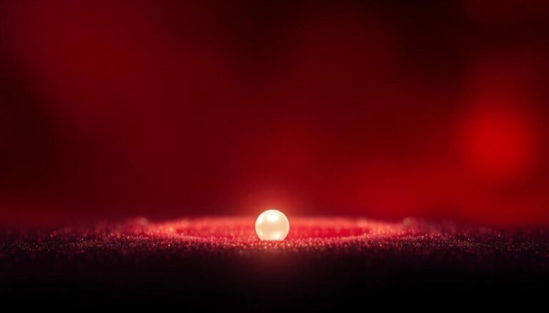 A single pearl positioned on a textured red surface with a soft glow around it.