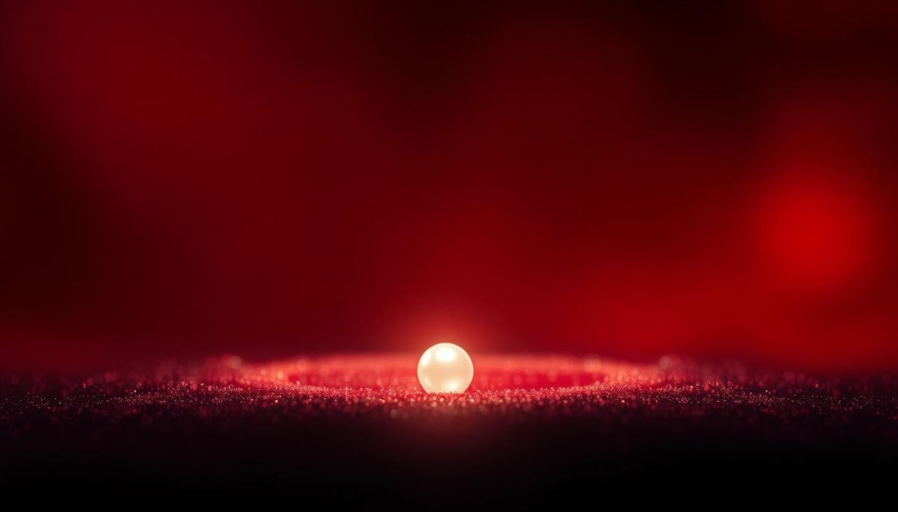 A single pearl positioned on a textured red surface with a soft glow around it.