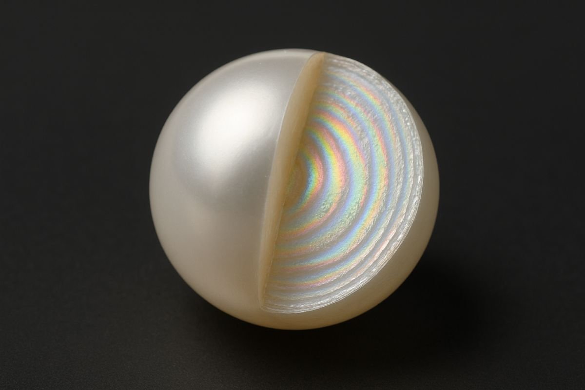 A half-cut pearl displaying a smooth exterior and iridescent layered interior.