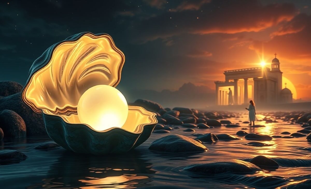 An open oyster revealing a pearl, set against a sunset backdrop with a silhouette of a monument.