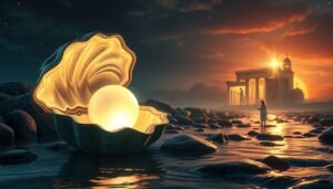 An open oyster revealing a pearl, set against a sunset backdrop with a silhouette of a monument.