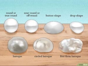 Different shapes of pearls displayed on a wooden surface, labeled with their names.