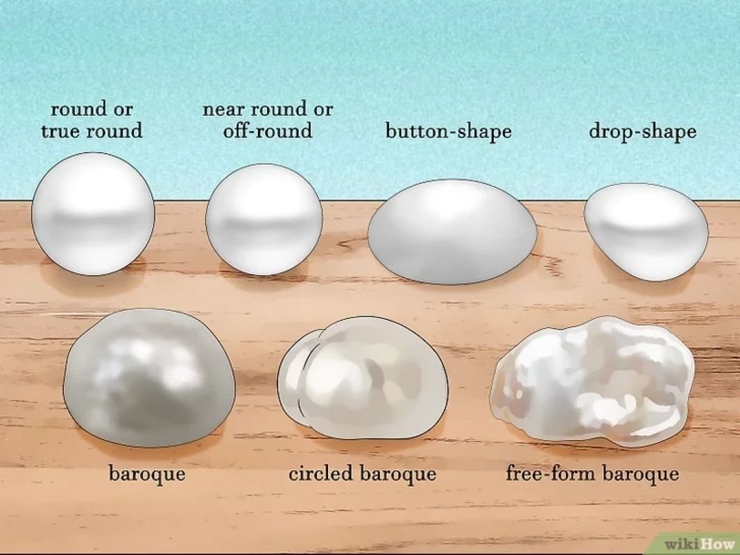 Different shapes of pearls displayed on a wooden surface, labeled with their names.