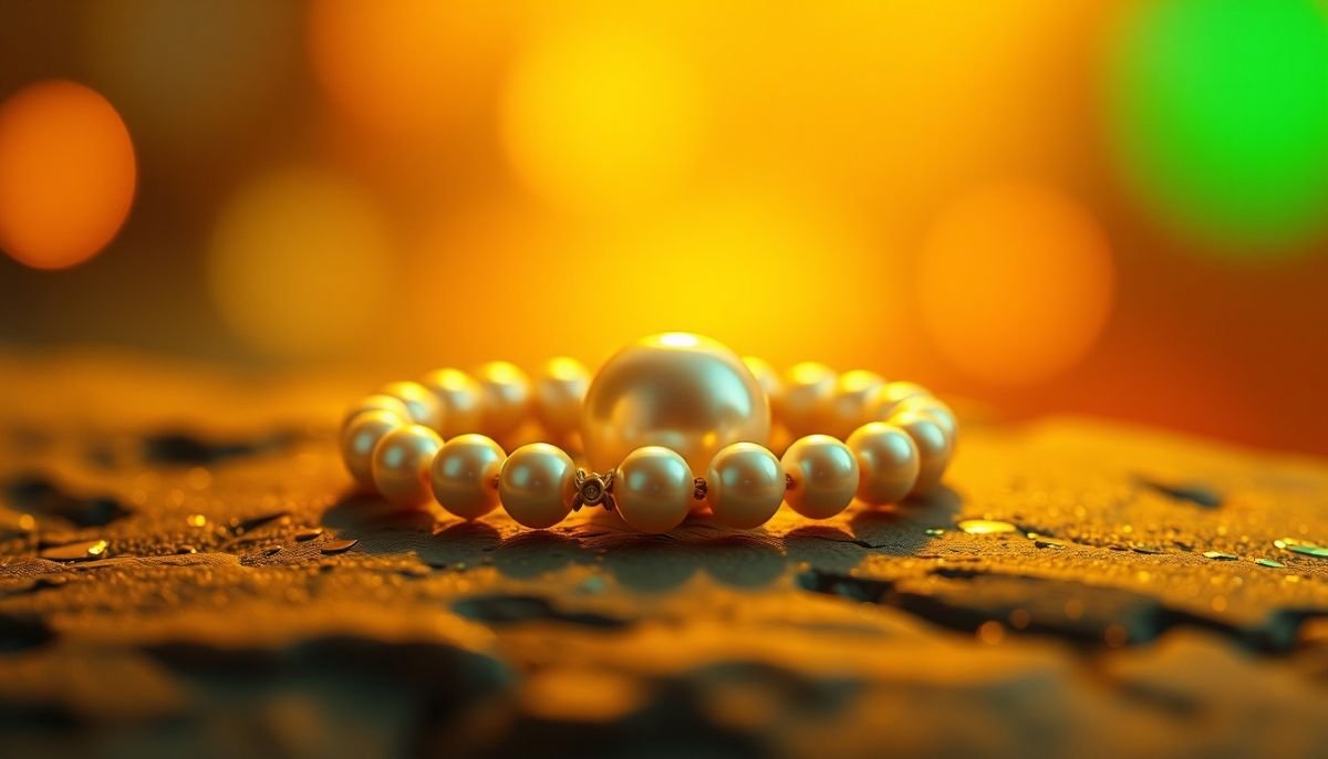 A pearl bracelet with a large central pearl and smaller pearls arranged in a circular pattern.