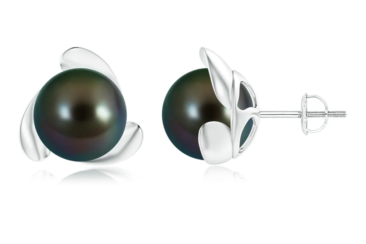 Tahitian cultured pearl earrings set in white gold with a unique design featuring curved accents.