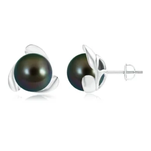 Tahitian cultured pearl earrings set in white gold with a unique design featuring curved accents.