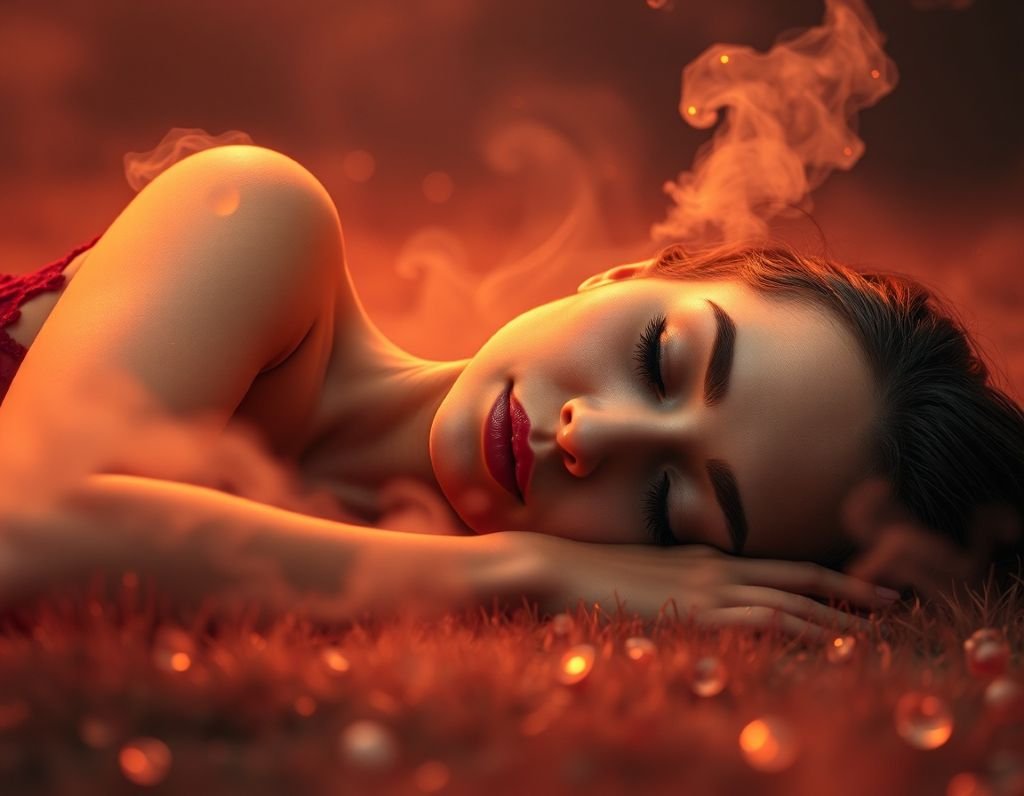 A woman lying on the ground with her eyes closed, surrounded by smoke and soft lighting.