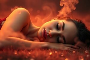 A woman with long hair lying on the ground with her eyes closed, surrounded by a misty atmosphere.