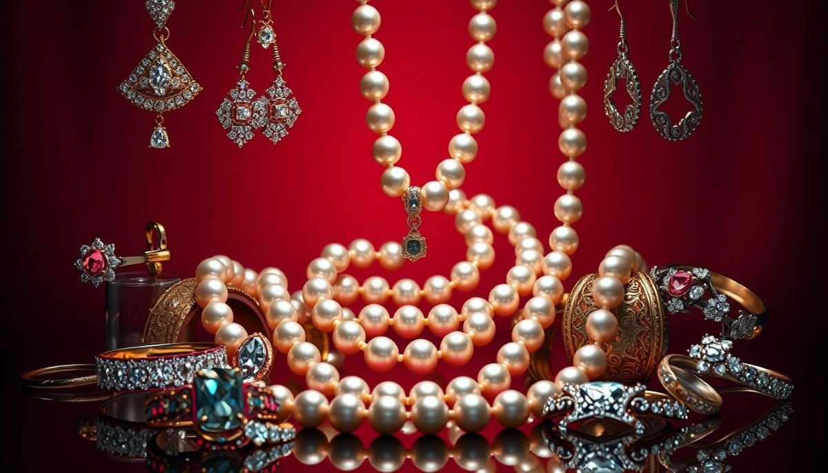 An assortment of fine jewelry including pearl necklaces, earrings, and rings displayed together.