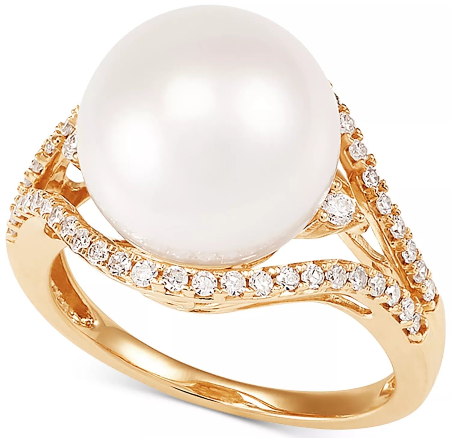 Gold ring featuring a large white pearl surrounded by small diamond accents on a decorative band.