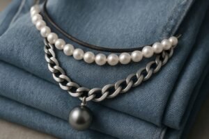 Two necklaces displayed on folded denim fabric, one with white pearls and the other with a silver chain and a dark pearl pendant.