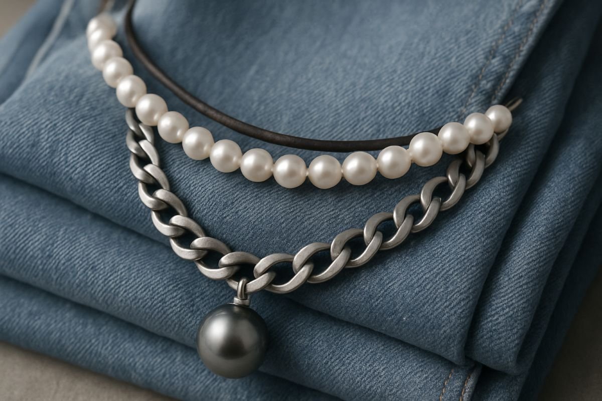 Two necklaces displayed on folded denim fabric, one with white pearls and the other with a silver chain and a dark pearl pendant.