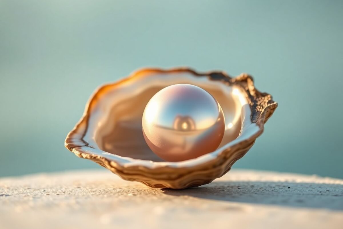 A cultured pearl resting inside an open oyster shell, showcasing its smooth surface and iridescent sheen.