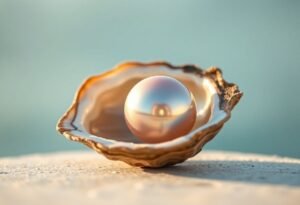 A cultured pearl resting inside an open oyster shell, showcasing its smooth surface and iridescent sheen.