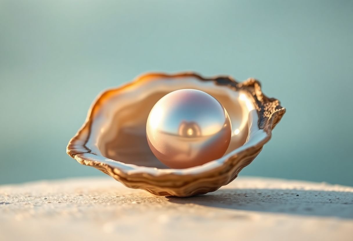 A cultured pearl resting inside an open oyster shell, showcasing its smooth surface and iridescent sheen.